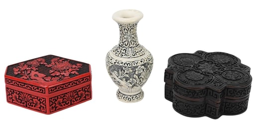 3 Cinnabar Style Table Top Boxes & Vase