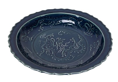 Chinese Porcelain Dark Blue Platter Dragon Motif