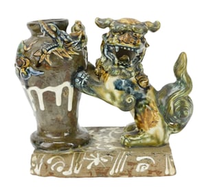 Chinese Glazed Pottery Foo Dog Statue with Vase