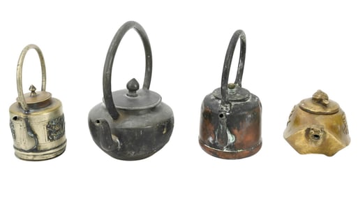 4 Antique Chinese Metal Brass and Copper Tea Pots