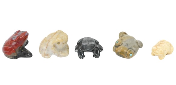 5 Chinese Carved Hard Stones Frog & Toad Figurines