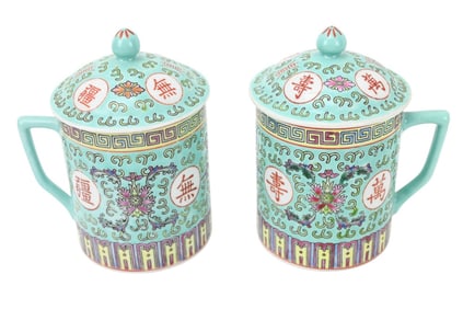 Pair Famille Rose Turquoise Mug with Lid