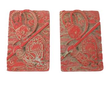 Pair Chinese Carved Cinnabar Depicting Warrior