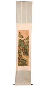 Chinese Qiu Ying Green Landscape Scroll Painting