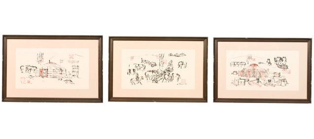 3 Sh. Chimeddorj Signed Village Ink Drawings