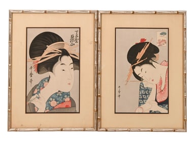 Pair Kitagawa Utamaro Wood Blocks w Silver Leaf