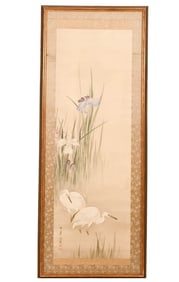 Antique Chinese Painting on Silk Egrets & Irises