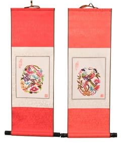 Pair Chinese Silkscreen Scrolls Paper Cut Style