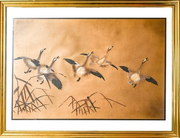 Japanese Woodblock of Cranes Gold Leaf Rice Paper