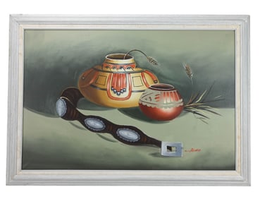 Olio Signed Oil Painting of Indian Style Pottery