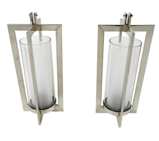 Pair Chrome & Glass Hurricane Sconces 20 Inches