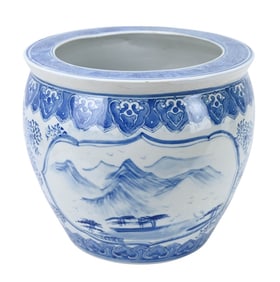 Chinese Hand Painted Blue & White Fish Bowl