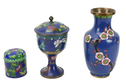 3 Chinese Cloisonne Blue Table Top Vessels