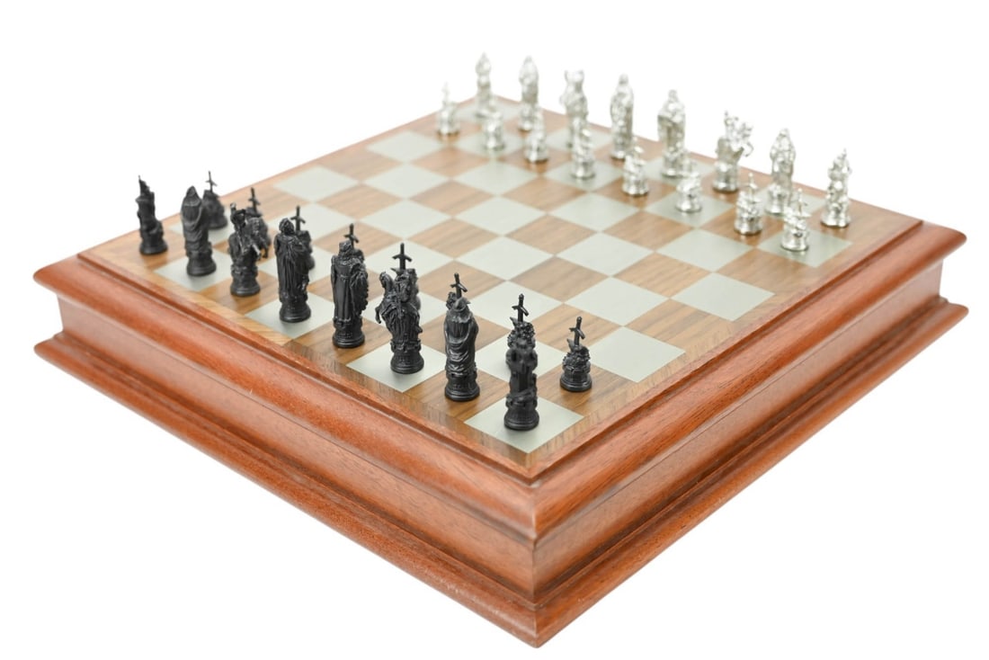 Royal Selangor Camelot Pewter Chess Set: Royal Selangor Camelot Chess Board and Pewter Chess Pieces in Presentation Box that Converts to Storage Box. Box measures 3 inches x 15 inches x 15 inches.