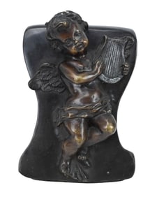 Bronze Tone Table Statue of Cupid with Harp