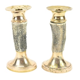 Pair Vintage Carved Horn and Brass Candlesticks