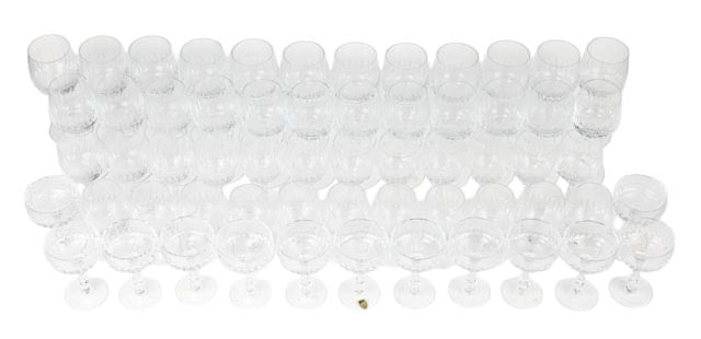 Antique Poshinger Crystal Glassware: Antique Poshinger Crystal Glassware. Includes12 red wine, 12 white wine, 11 cordial snifters w stem, 12 sherry, 12 champagne coupes. Red wine glass measures 6.5 inches x 2.5 inches. Glasses are not si