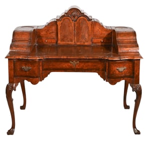 20th C Queen Anne Style Burr Leather Top Desk