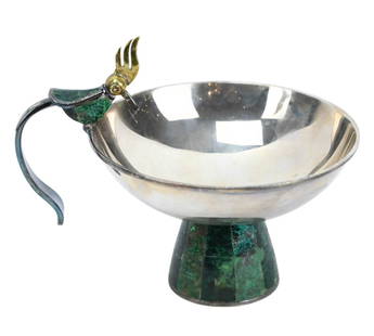 Los Castillo Silver Plate & Mosaic Woodpecker Bowl: Los Castillo Taxco Silver Plate & Mosaic Woodpecker Bowl. One hard stone tile is missing from tail. Measures 6 inches x 7 inches.