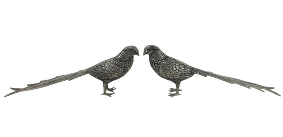 Pair Mid C Silver Finish Metal Pheasant Statues