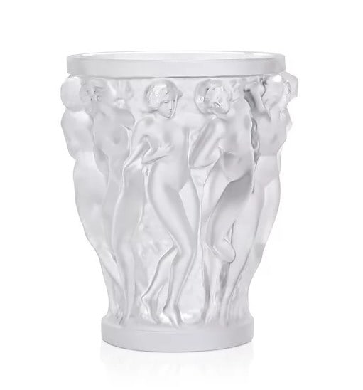 Lalique Crystal Bacchantes 9.5 Inch Vase: Lalique Crystal Bacchantes 9.5 Inch Molded and Frosted Glass Vase, Signed. Measures 9.5 inches x 9 inches in diameter. Minor chip to base.