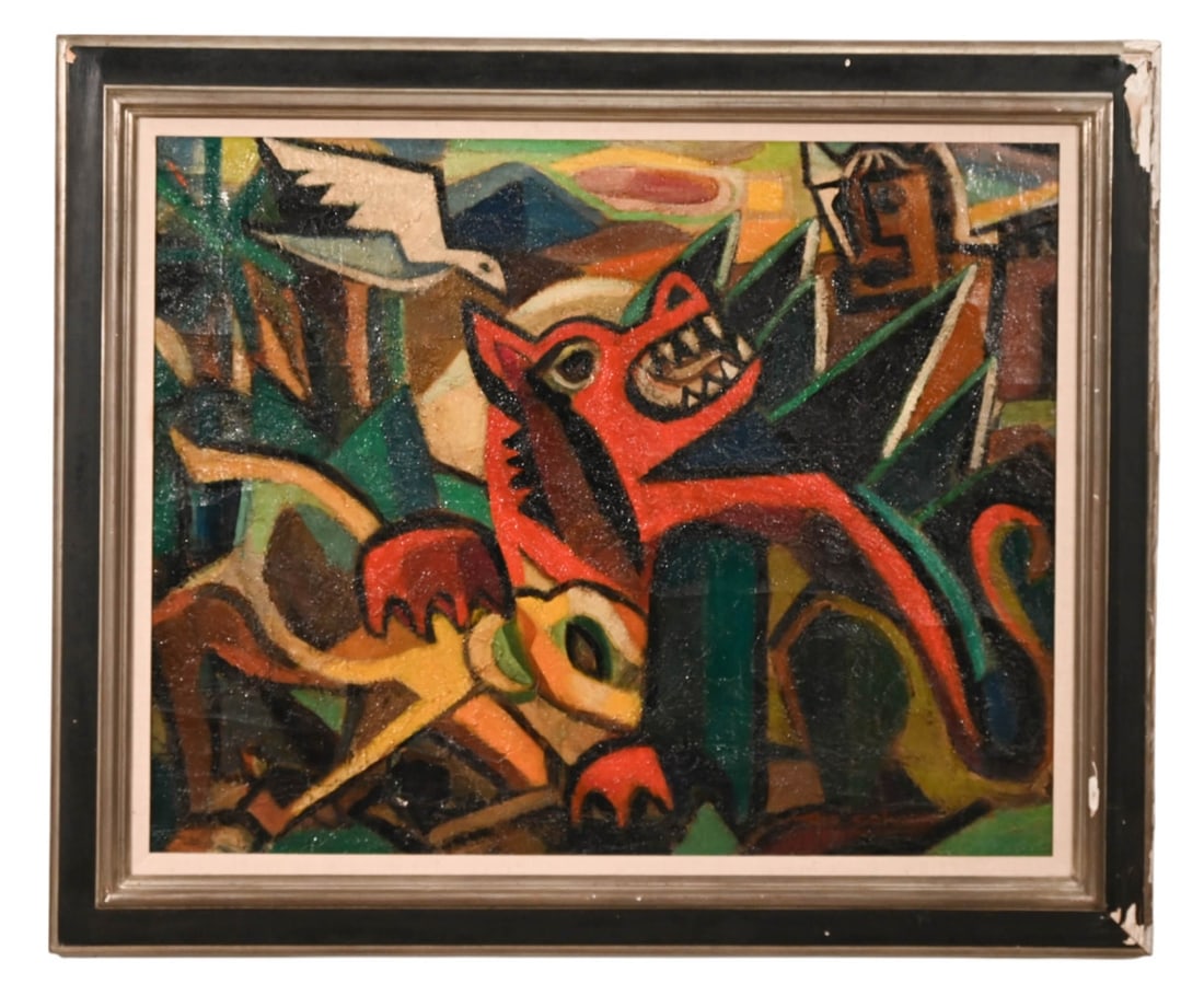 Gio Colucci The Red Animal Oil on Canvas Painting: Gio Colucci The Red Animal Oil on Canvas Painting 1937. There is a damage to the frame.Professionally cleaned, lined, restreched, maimeri retouch and winton varnish by The Chicago Conservation Center.