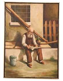 Signed Oil on Canvas Painting Old Man Reading