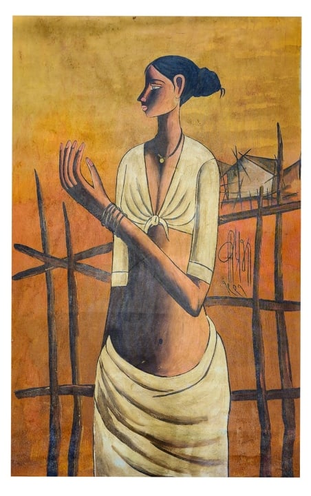 B. Prabha Oil on Canvas Fisherwoman Painting: B. Prabha Oil on Canvas Fisherwoman Painting.Measures 52 inches x 36 inches.Any condition statement is given as a courtesy to a client, is only an opinion and should not be treated as a statement of f