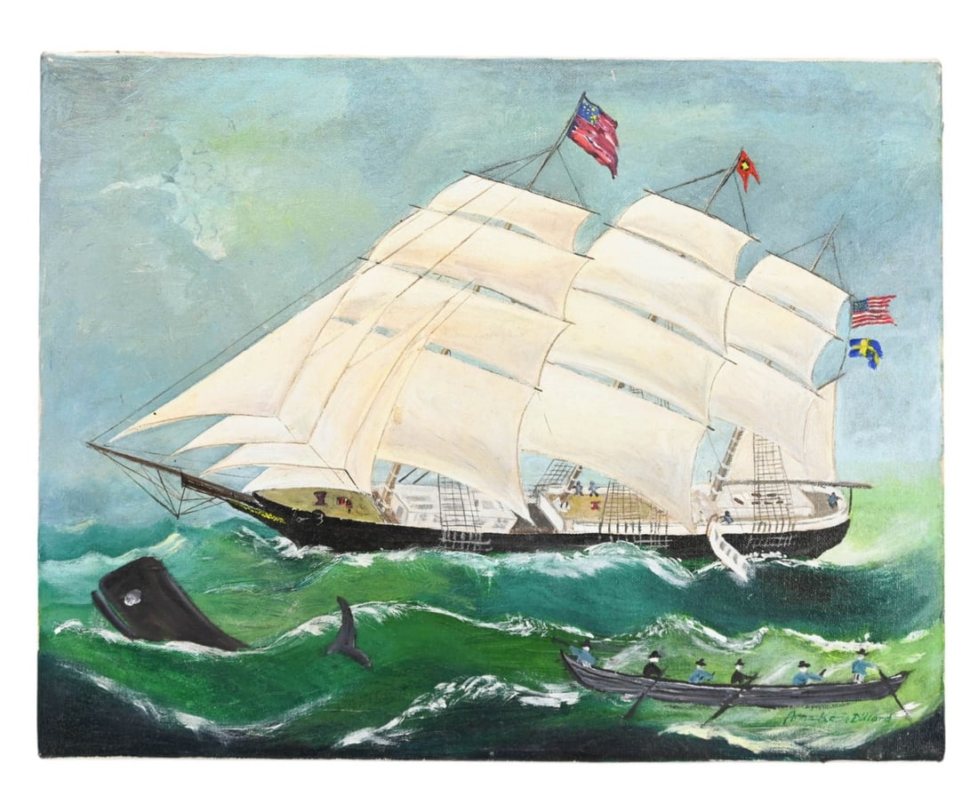 Anna-Karin Dillard Signed Folk Art Painting Boat: Anna-Karin Dillard, Nantucket 20th Century, Signed Folk Art Painting of Schooner Boat at Sea and Whale. Unframed measures 14 inches x 18 inches.