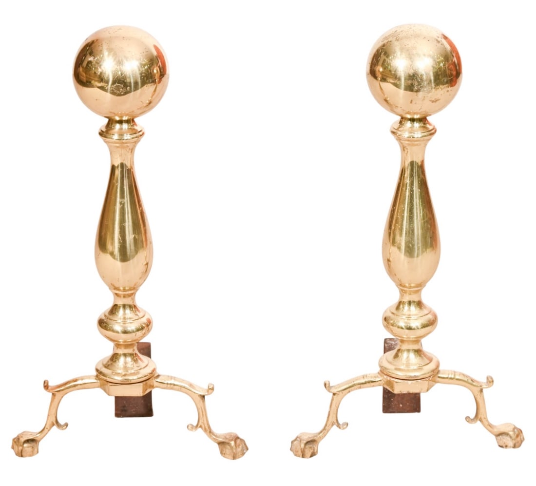 Vintage Canon Ball Brass Lion Claw Feet Andirons: Vintage Canon Ball Brass Lion Claw Feet Andirons.Measures 24 inches x 12 inches x 6 inches.