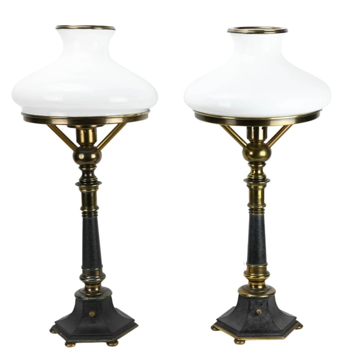 Pair French Sinumbra Table Lamp w Milk Glass Shade (1 of 11)