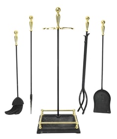 Black Cast Iron & Brass 4-Piece Fireplace Tool Set