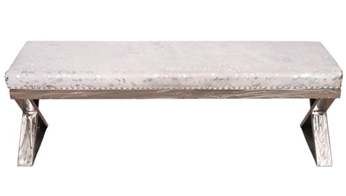 Modern Brushed Metal and Hide Upholstered Bench