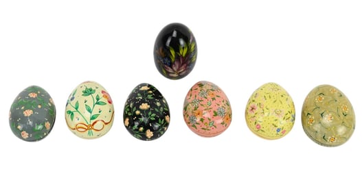 7 Vintage Paper Mache & Lacquer Painted Egg Boxes