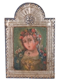 Vintage Cusco School Mexican Hand Painted Tin Icon