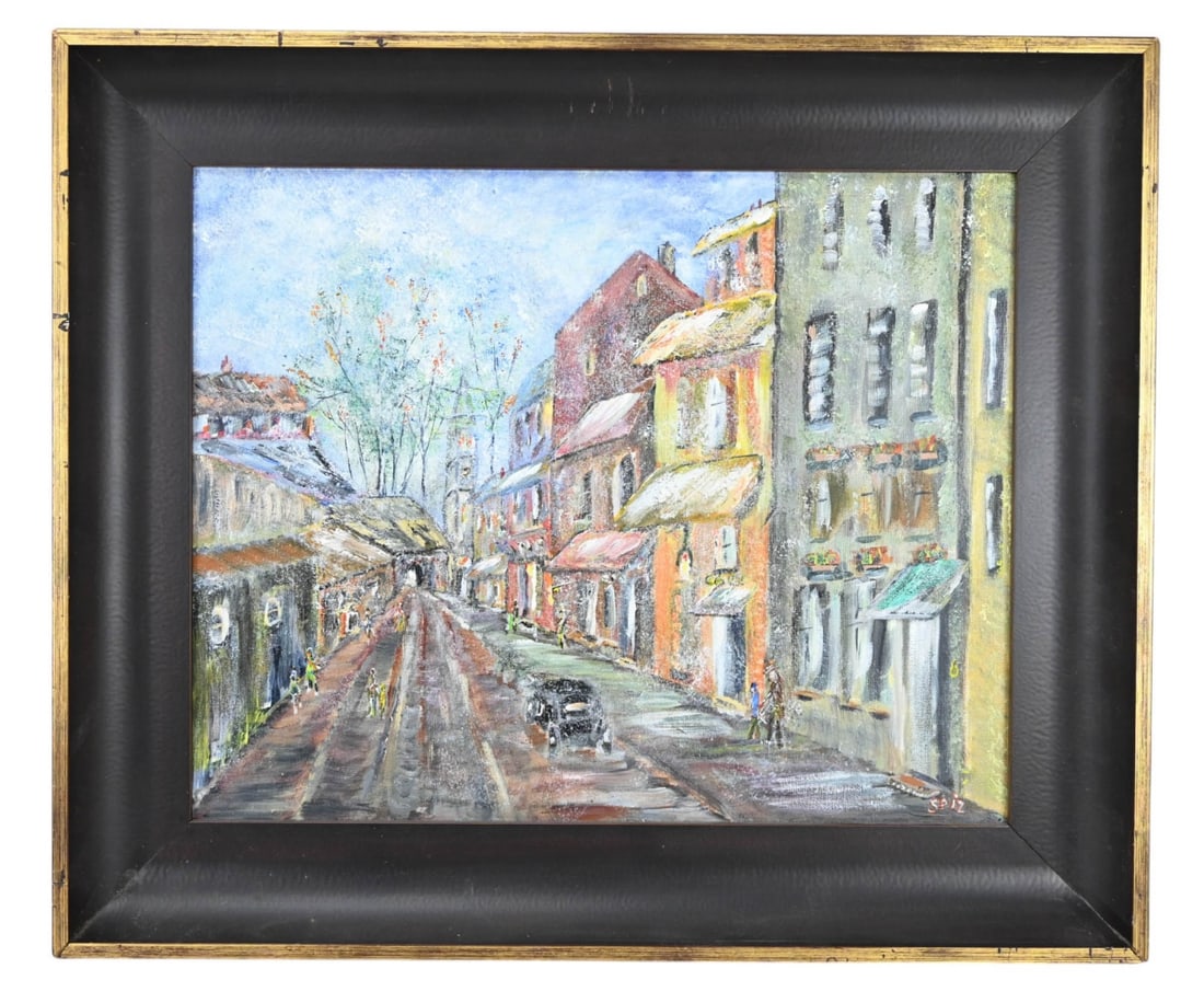 Spiz Signed Mid C Oil Painting French City Street: Spiz Signed Mid C Oil Painting French City Street, Framed. Framed measures 22 inches x 26 inches, art measures 16 inches x 20 inches.