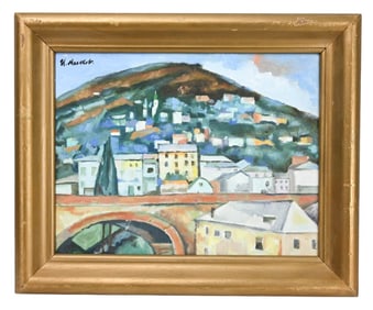 Signed Oil Painting of Mountain Side European Town