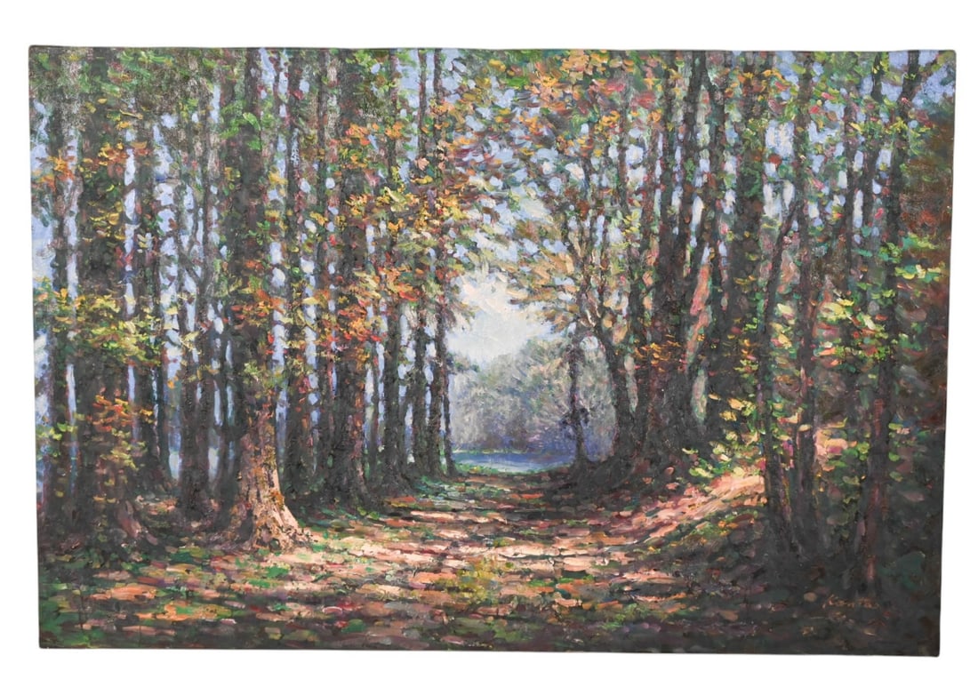 Signed Kantae Oil Painting of Forest Landscape: Signed Kantae Impressionist Oil Painting of Forest Landscape. Unframed measures 24 inches x 36 inches.
