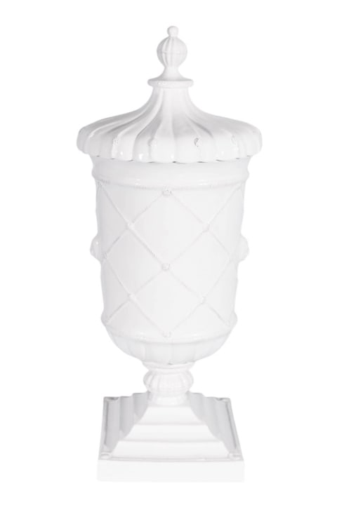 Juliska Ribbon & Berry White 31" Covered Floor Urn: Juliska Ribbon & Berry White 31" Covered Floor Urn. Urn has been professionally repaired. Sold as is. Measures 31 inches x 12 inches x 12 inches.