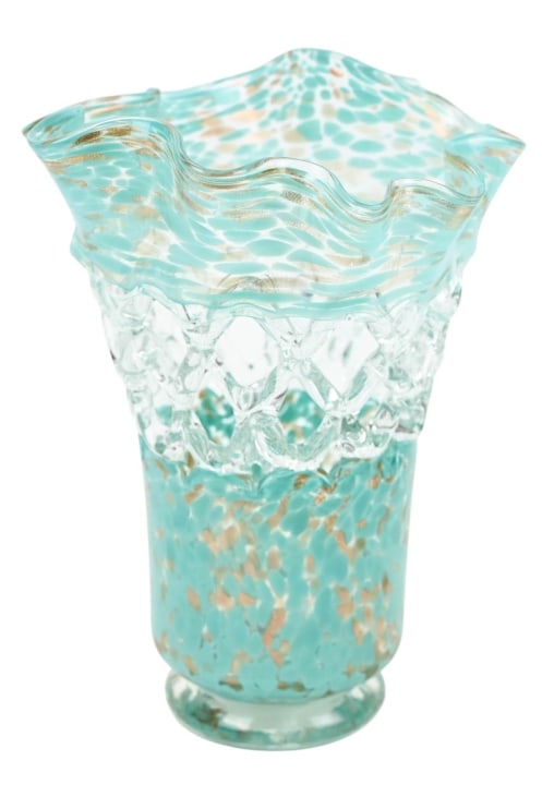 Large Murano Art Glass Vase w Gold Flecks: Large Murano Art Glass Sculptural Vase w Gold Flecks and Ruffled Top. Measures 15 inches x 11 inches in diameter.