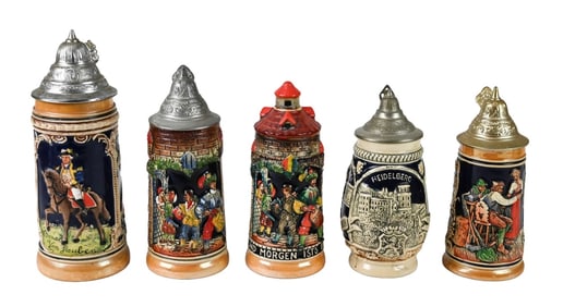 5 Antique 8 Inch German Ceramic Beer Steins