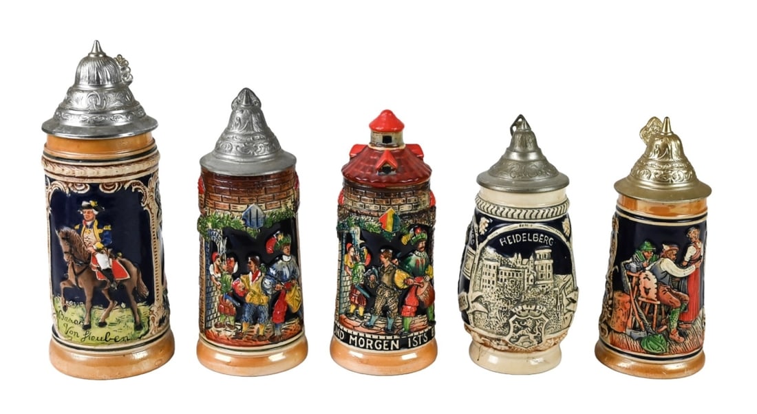 5 Antique 8 Inch German Ceramic Beer Steins (1 of 8)
