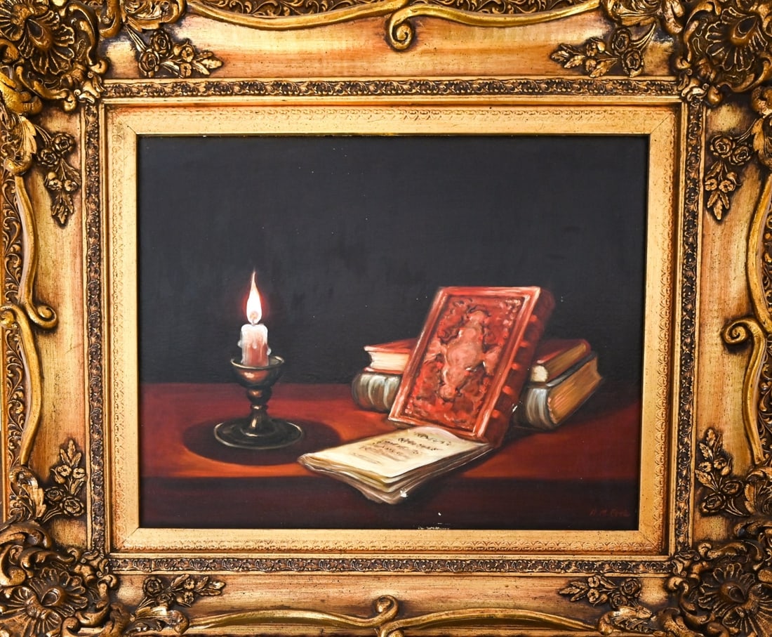 A. M. Cseh Signed Oil Painting Still Life Bible: A.M. Cseh, Hungarian Born 1926, Signed Oil Painting on Canvas Still Life of Candle with Bible and Books In Carved Gilt Rococo Frame. Framed measures 26 inches x 32 inches, art measures 15 inches x 19 