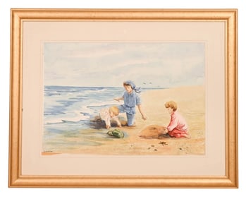 Trudy Lutrus Signed Watercolor Children at Beach