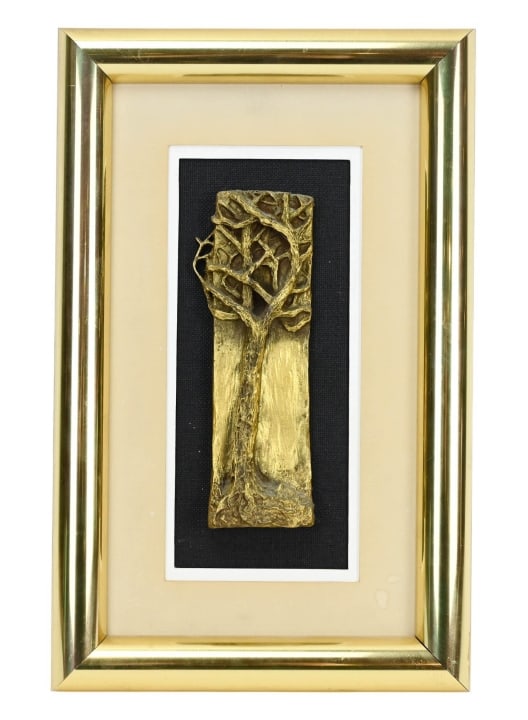 Vintage Gold Tone Pewter Plaque Tree of Life: Vintage Signed Gold Tone Pewter Plaque Framed with Tree of Life. Measures 14 inches x 9 inches.