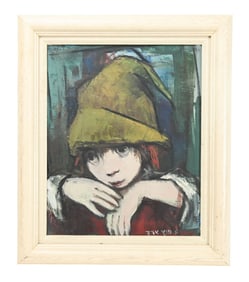Signed Mid C Portrait Oil Painting Young Boy w Cap