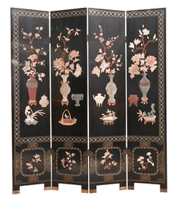 Black Lacquered Oriental Screen w/ Jade Inlay