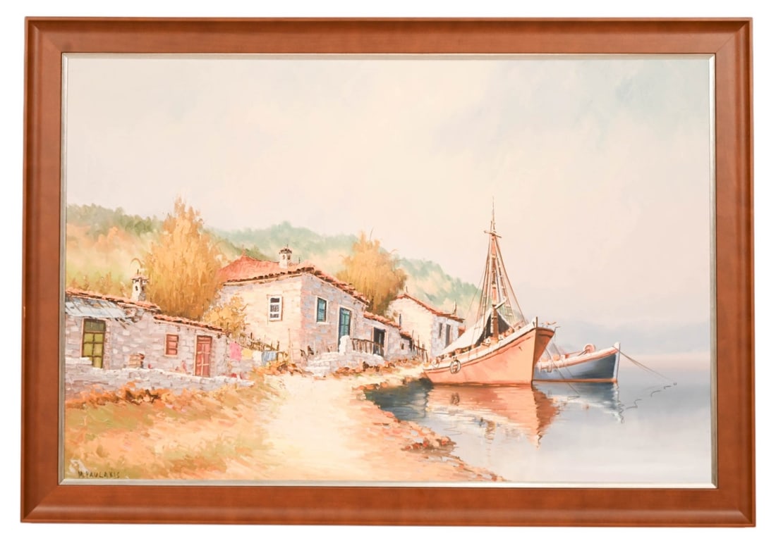 M. Paulakis Signed Oil Painting Fishing Boats: M. Paulakis Signed Oil Painting Fishing Boats at Village Shore Line. Framed measures 27 inches x 39 inches.