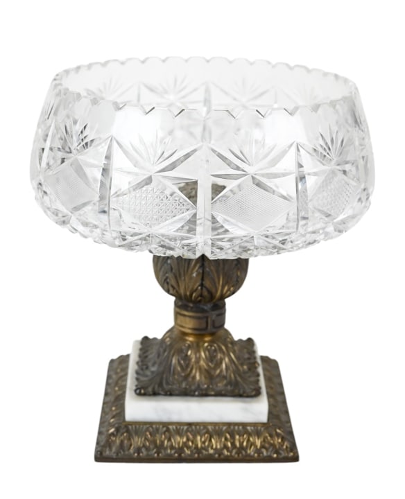 Cut Crystal Footed Compote w Bronze & Marble Base (1 of 10)