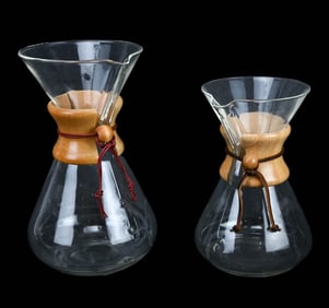 Pair Vintage Chemex 10 & 6 Cup Glass Wood Beakers